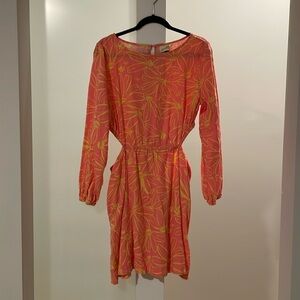 Universal threads long sleeve pink floral dress with side cut outs, size L